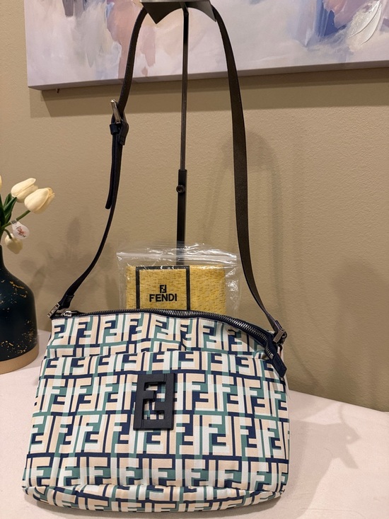 Fendi Handbags - Fendi Teal-White FF Logo Crossbody Bag with Black Strap